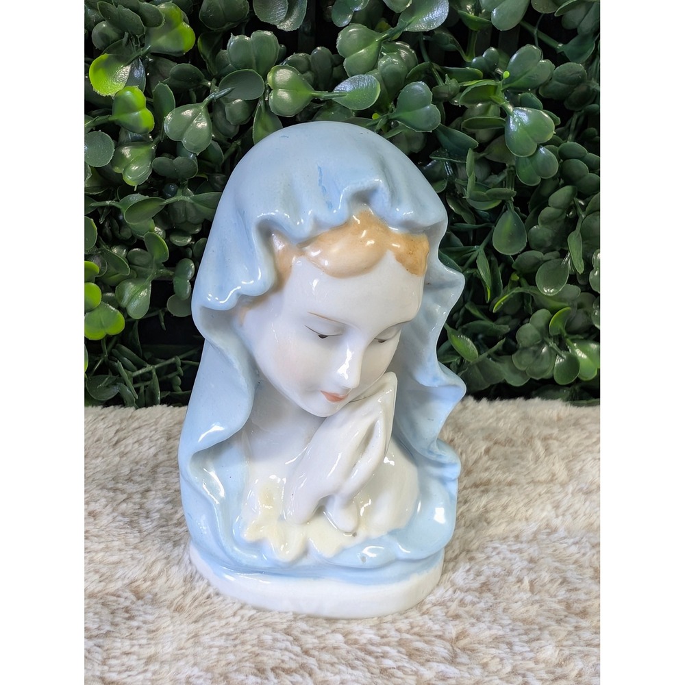 Vtg AVE Virgin Mary Porcelain Bust Figurine Blue White Prayer Statue MCM Japan
